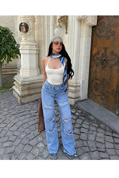 Aida Fashion Lazer kesim açık kar yıkama palazzo jeans