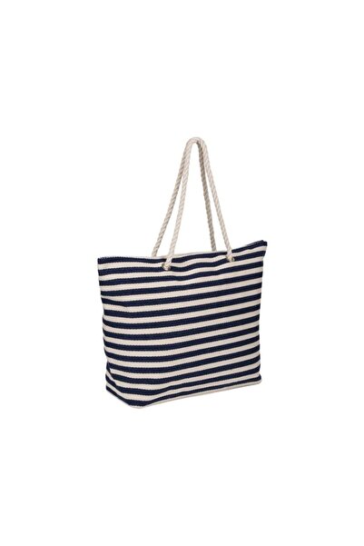 OEM Blue Beach Bag with Striped , Zipper, Rope Handles and Functional Pocket,...