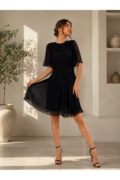 Eslem Bulut Boutique Şifon Piliseli Bel Detaylı Kadın Mini Elbise