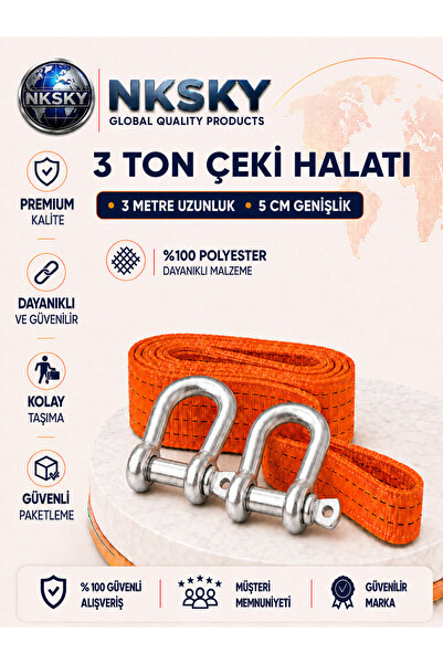 NKSKY 3 Ton Araç Çekme Halatı 3 Metre 5 cm Genişlik Güçlendirilmiş Uçlu Oto Ç...