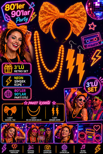 Tamsena Store 80'ler 90'lar Neon Turuncu Parti Aksesuar Seti Taç Kolye Şimşek...