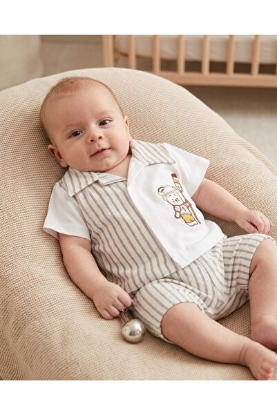 VOY KİDS Baby Boy Striped Shirt and Collared Shorts Newborn Summer Set, 0-3-6...
