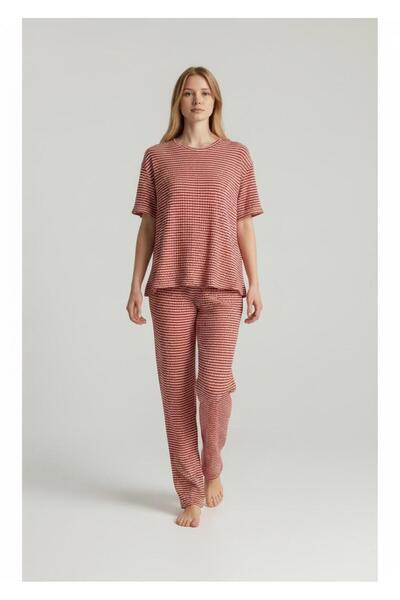 Kadın Kaşkorse Pijama Takımı Kısa Kollu Rahat Esnek Ev Giyimi Fam Tekstil