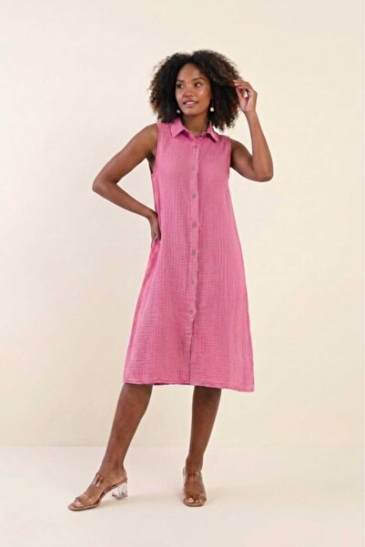 madam trend Pink Women's 100% Cotton Muslin Fabric Pocketed Buttoned Sleevele...