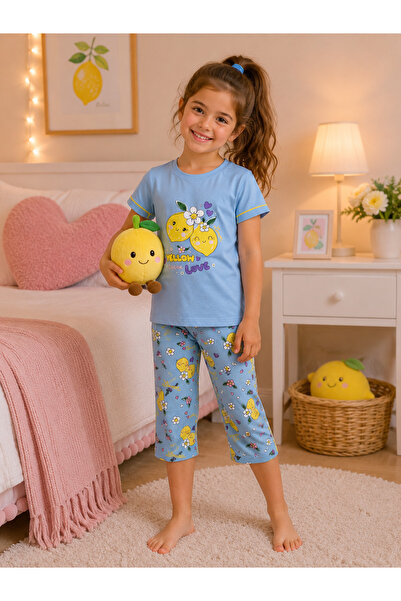 SERPİL Kız Çocuk Limon Desenli Pijama Takımı Kısa Kollu Rahat Uyku ve Ev Giyim