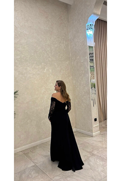 PARLAFASHION Siyah Dantel Kollu Kayık Yaka Uzun Abiye Elbise | Düğün Nişan ve...