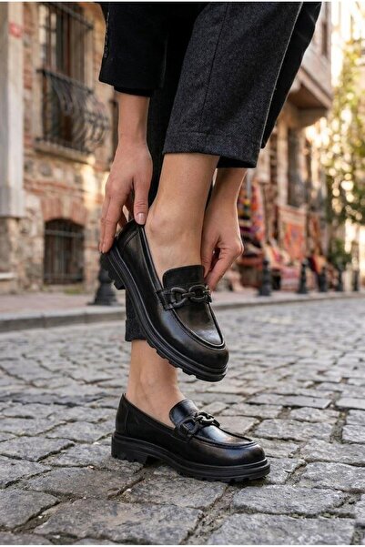 fort Ventes 35835 Black Open Buckle Detailed Comfortable Loafer Women's Shoes