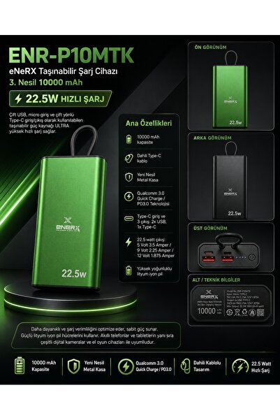 ENERX ENR-P10MTK Powerbank 10000 Mah 22.5W Hızlı Şarj, Dahili Type-C Kablolu ...