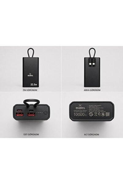 ENERX ENR-P10MTK Powerbank 10000 Mah 22.5W Hızlı Şarj, Dahili Type-C Kablolu Yeni Nesil Metal Kasa Taşınabilir Şarj Cihazı Siyah