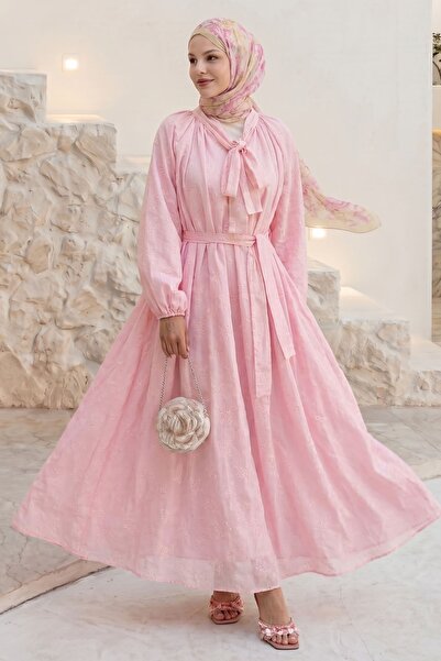 InStyle Pink Brode Dress with Lace-Up Collar and Belt