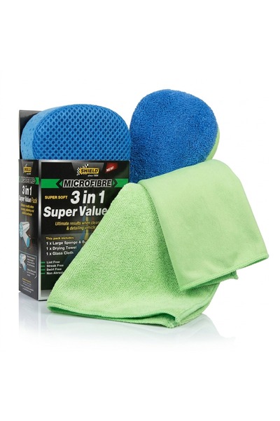 SHIELD MicroFiber 3 in 1 Value Pack Sponge Drying Towel Glass Cloth Car Clean...