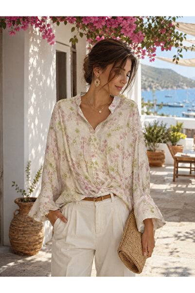 Nisan Triko Summer Ecru Patterned Shirt with Gathered Detail on the Front