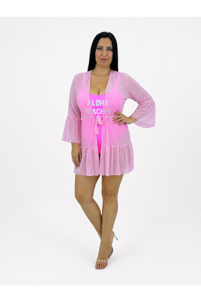 Bonitas Beachwear Plus Size Stoned Long Sleeve Ruffled Sleeves and Skirt Lace...