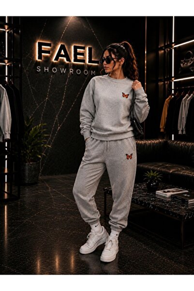 FAEL LİFE Unisex Wide Cut Zero Neck and Sweatpants Orange Butterfly Printed Set