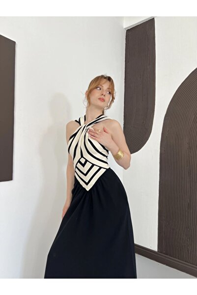 timagna Women's Striped Halter Neck Maxi Dress with Tie Detail