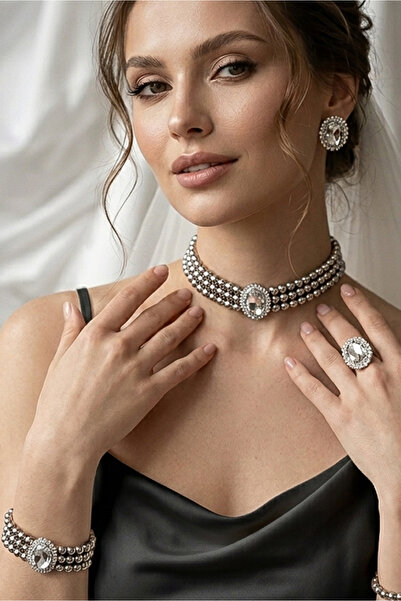 Happyline Oval Gümüş Taşlı Gri Boncuklu Choker Set Takım, Gri Boncuk Kolye , ...