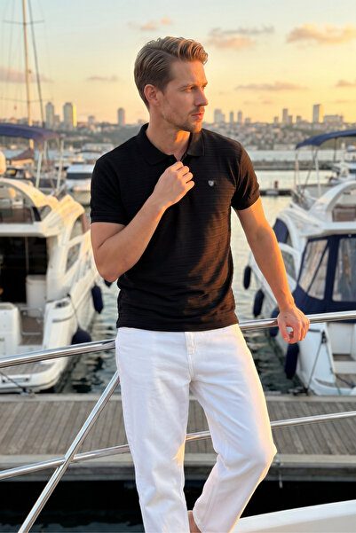 MAXIMILLIAN Men's Black 100% Cotton Striped Textured Slim Fit Polo Collar T-S...