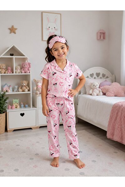 tusem butik homewear Girl's Cotton Pink Kuromi Patterned Shirt Collar Short S...