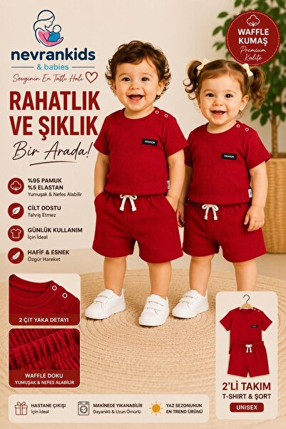 nevrankids Waffle Fashıon Yazlık Şortlu Takım 6 Ay - 3 Yaş - Kırmızı