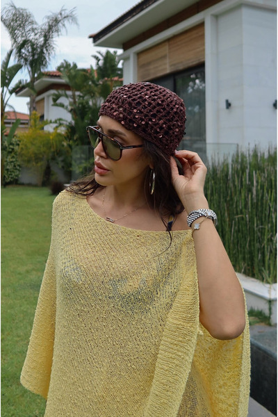 My Blog Brown Sequined Hand Knitted Mesh Hat