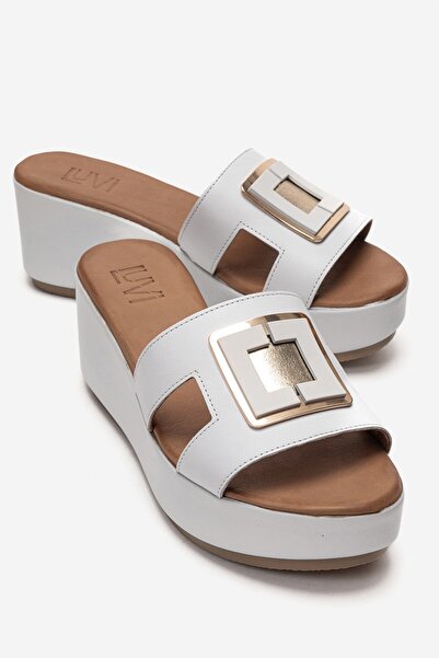 LuviShoes Hiola White Genuine Leather Buckle Women's Wedge Heeled Slippers
