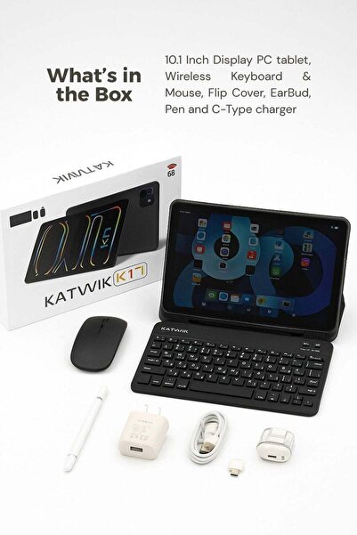 katwik جهاز لوحي ذكي K17 للأطفال للتعليم، شاشة 10 بوصات، لوحة مفاتيح لاسلكية وماوس، غطاء قابل للطي، قلم، شاحن من النوع C