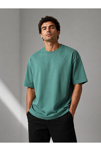 metsawear Men's Premium Oversize Petrol Green Color Basic T-Shirt – Soft Text...