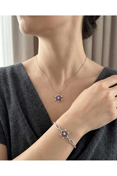 HKN AVM ACCESSORİES Gümüş Renk Mor Ametist Taşlı Lotus Çiçeği kolye bileklik ...