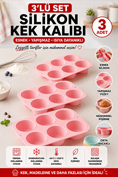 Stork 3 Pieces of 6-Well Silicone Muffin and Cupcake Molds - Non-Stick One-Pi...
