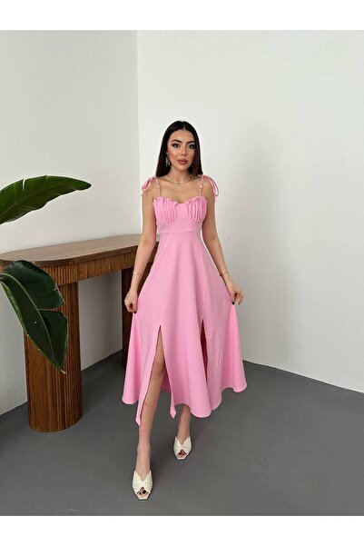 asyadabutik Women's Strappy Dress with Pleated Detail on the Chest and Double...