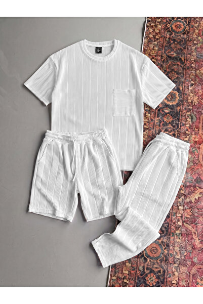 blucombin Men's Report T-Shirt Shorts and Sweatpants 3-Piece Set Wide Cut