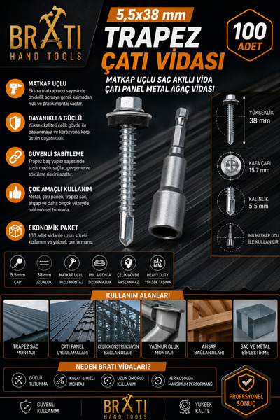 BRATİ HAND TOOLS 5,5X38 Çatı Vidası Trapez Sac Vidası Matkap Uçlu Sac Çatı Pa...