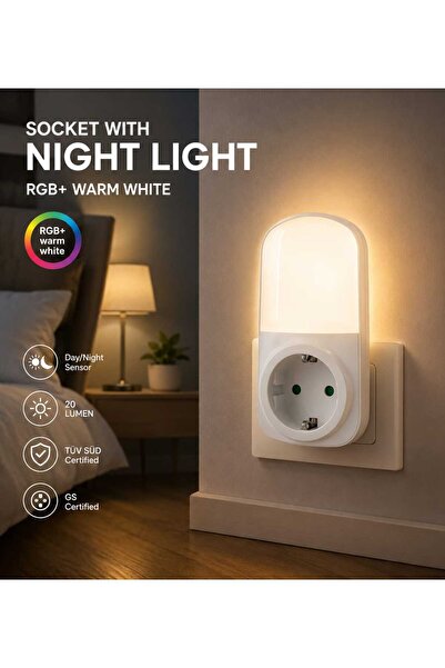 Home Socket with RGB+ Warm White LED Night Light, Day/Night Sensor