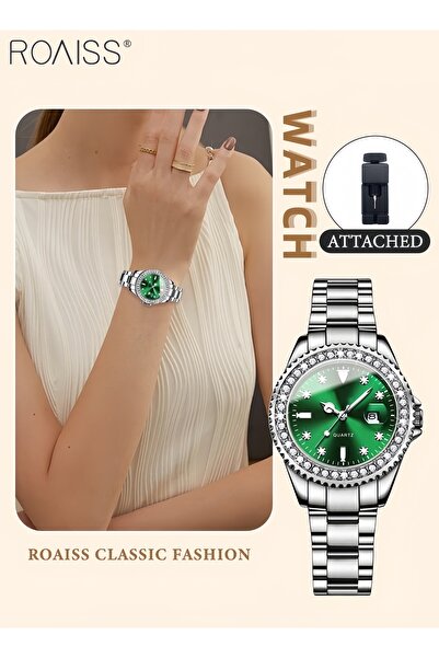ROAISS Women's Quartz Watch with Steel Strap Round Green Dial Zirconium Diamo...