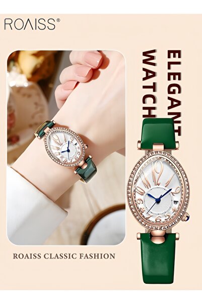 ROAISS Women's Quartz Watch with Leather Strap Oval Dial Rhinestone Decoratio...