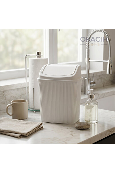 okacih Çizgili Çöp Kovası Banyo Ofis ve Mutfak İçin Click Kapaklı Kova 6 Litre