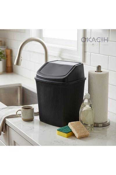 okacih Çizgili Çöp Kovası Banyo Ofis ve Mutfak İçin Click Kapaklı Kova 6 Litre