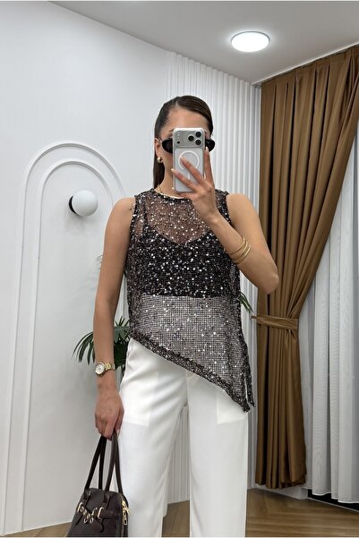 R-Style Astarlı Asimetrik Pullu Bluz