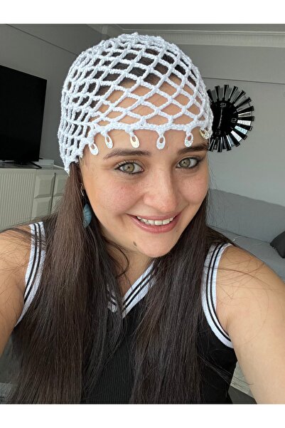 GUVDİN El Yapımı Örgü Bohem beyaz File Yazlık Bere, Yazlık Şapka, Bandana, To...