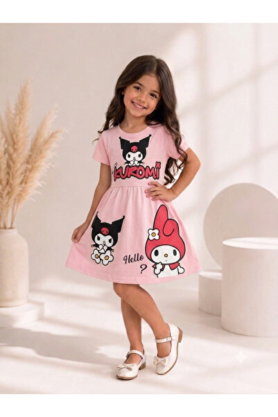 KİDSPİTİRCİK KIZ ÇOCUK AÇIK PEMBE KUROMİ BASKILI %100 PAMUK PENYE ELBİSE