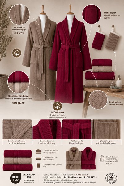 Ellaline Eldy 8 Piece Striped Bathrobe Family Set 100% Cotton Certified Bathrobe Set Dowry Set - Claret Red Beige