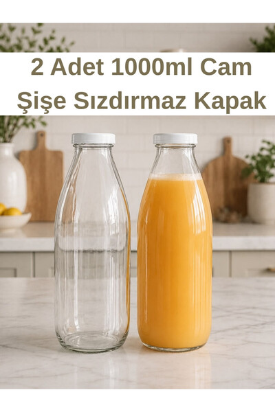 sara shoop 2 Adet 1000ml Beyaz Sızdırmaz Kapaklı Şeffaf Cam Süt Ayran Limonat...