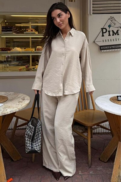 Madmext Beige Soft Touch Modal Shirt Set Mg2742