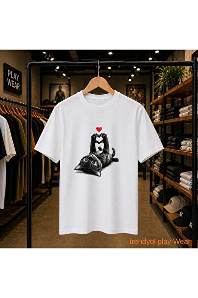 playwear Reaching Heart Cats Printed 100% Cotton Oversize Loose Regular Fit C...