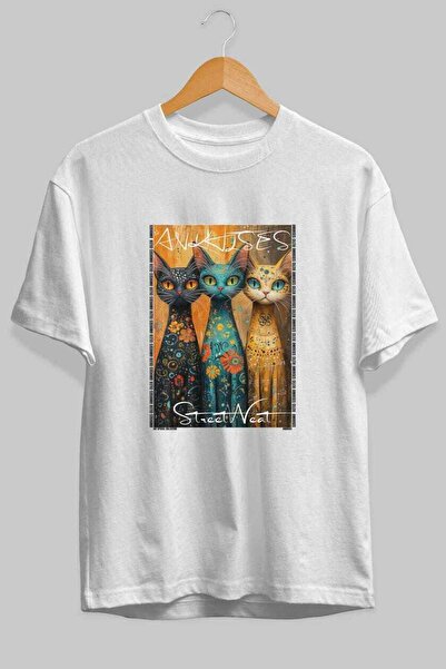 Ankhises For the Love of Cats 66 Front Cat Printed White Oversize T-Shirt 100...