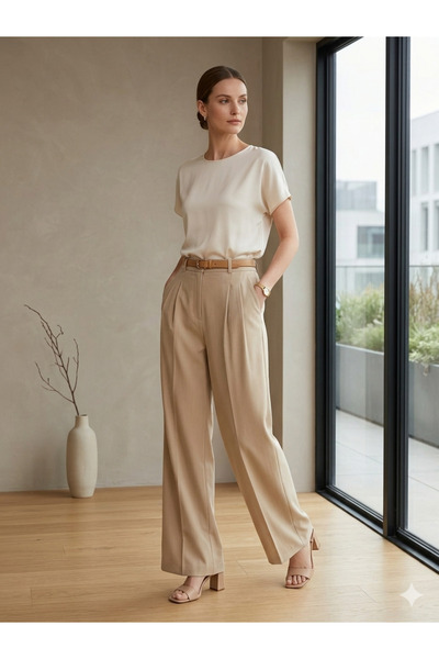 Generic Brand Women's High Waist Pleated Wide Leg Extra Stretchy Palazzo Fabr...