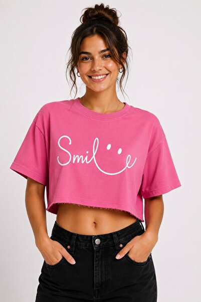 Lizbon Style Γυναικείο Crop T-shirt Smile Printed Oversize Άνετο κοντό μπλουζ...