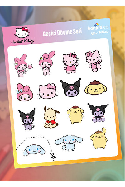 konfeti.co Özel Tasarım Hello Kitty Ve Sevimli Arkadaşları Çocuk Geçici Dövme...