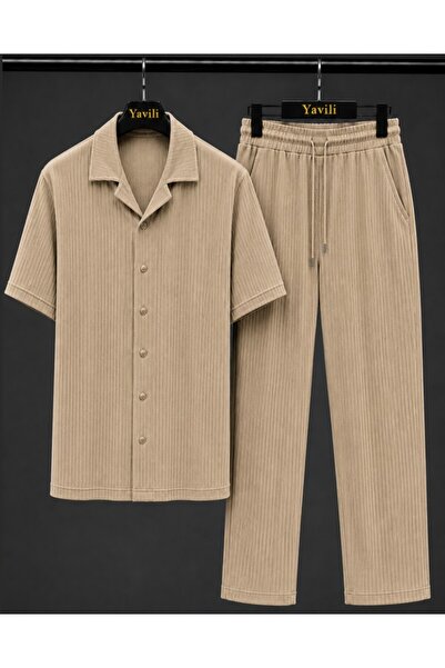Yavili Special Design Men's Corduroy Ottoman Shirt and Trousers Set