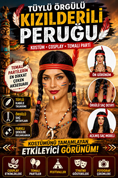 TamSeninTarzin Tüylü Örgülü Kızılderili Peruğu Kırmızı Bantlı Kostüm Peruğu P...